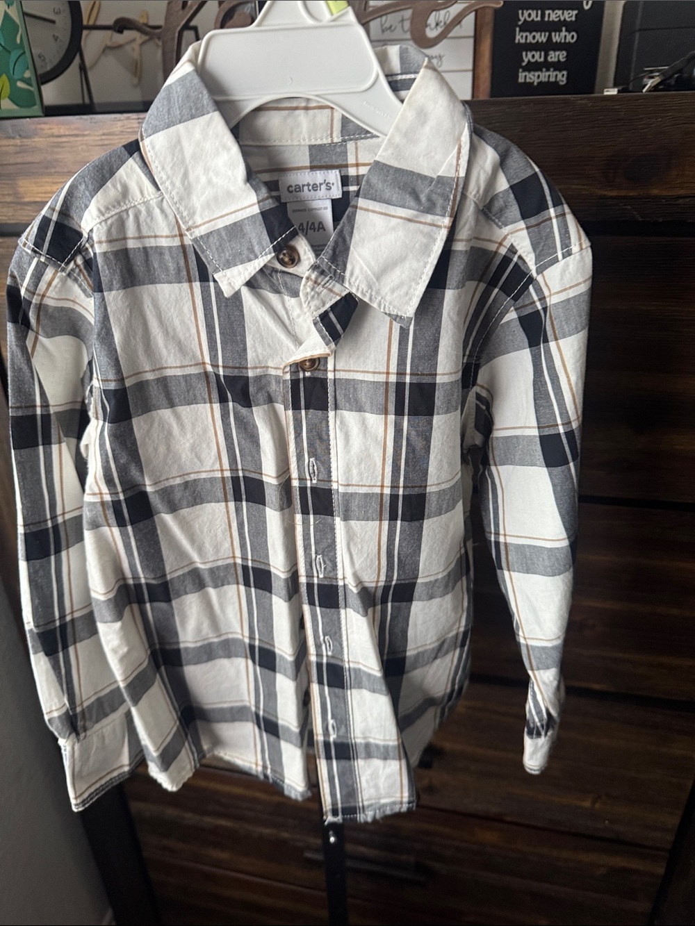 Boy’s Carter's White, Black & Tan Plaid Button-Down Shirt
